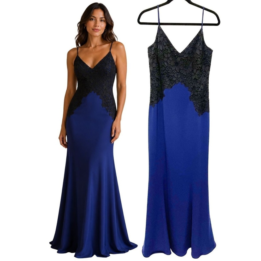 Lauren Ralph Lauren 10 Blue Black Lace Maxi Gown Slip Dress Formal Evening